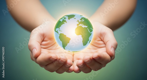 Hands cradling a glowing earth with green and blue continents on a gradient background symbolizing care and protection