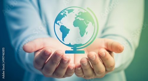 Person holding a glowing green and blue globe on their palms symbolizing global care and sustainability