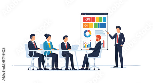 Business meeting vector illustration with presentation on large screen.