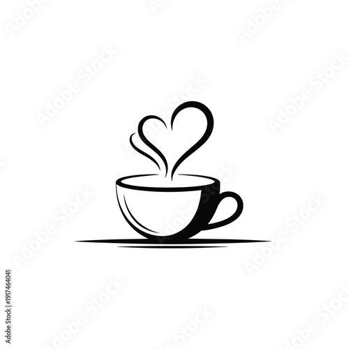 A black and white illustration of a coffee cup with heart shaped steam