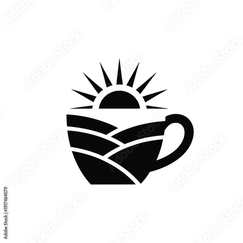 A black and white illustration of a coffee cup with a sunrise