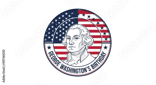 Illustration of George Washington's birthday icon with American flag and text on a circular badge against a white background.