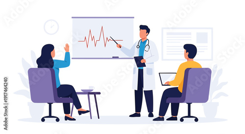 Doctor discussing medical chart with patients in clinic setting