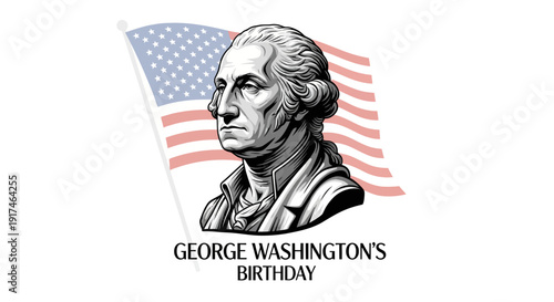Illustration of George Washington's portrait with the American flag on George Washington's birthday, a federal holiday commemorating the first president of the USA.