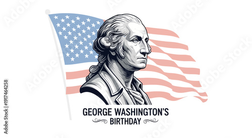 Illustration of George Washington's profile with the American flag on George Washington's Birthday, a federal holiday commemorating the first president of the USA.