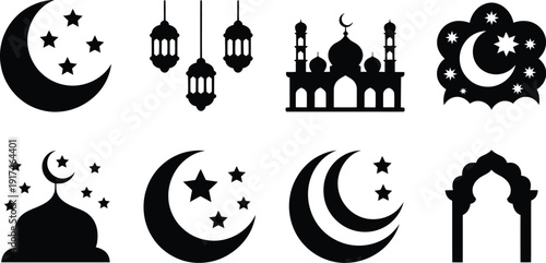 Black silhouettes of Ramadan celestial icons featuring crescent moons stars lanterns and mosque domes representing Islamic spiritual traditions and religious holidays.
