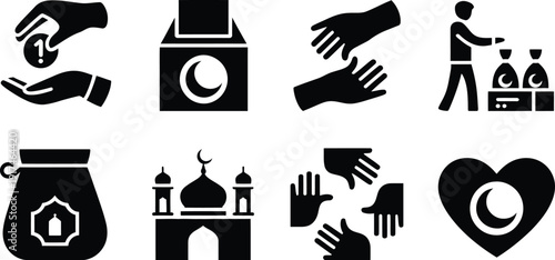 Black silhouettes of Islamic charity icons featuring donation boxes mosques and helping hands representing Zakat Sadaqah and Muslim community support services.