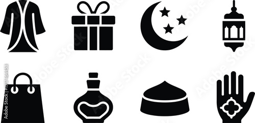 Black silhouettes of Ramadan icons including a lantern crescent moon prayer hat and gift box representing Islamic culture and religious celebrations.