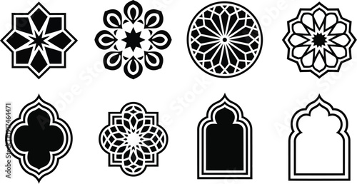 Black silhouettes of traditional Islamic geometric patterns and ornamental arches representing Middle Eastern culture religious architecture artistic heritage and Ramadan decoration.