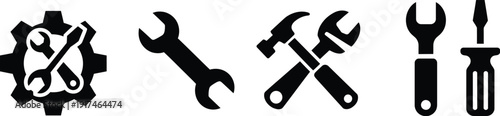 Black silhouettes of various construction tools including wrenches hammers and screwdrivers for industrial maintenance home repair workshops and hardware service concepts.