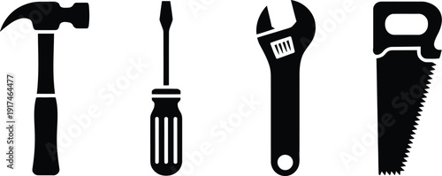 Black silhouettes of a hammer screwdriver wrench and saw representing manual labor home repair construction maintenance and essential hardware toolkits.