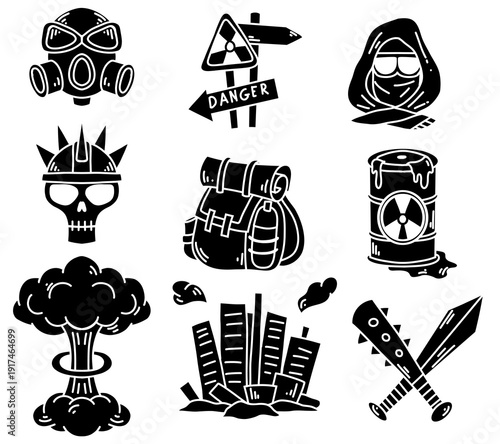 Vector set of Post Apocalypse black silhouette icons. Protective mask, sign, city, chemical tank, nuclear explosion, and backpack.