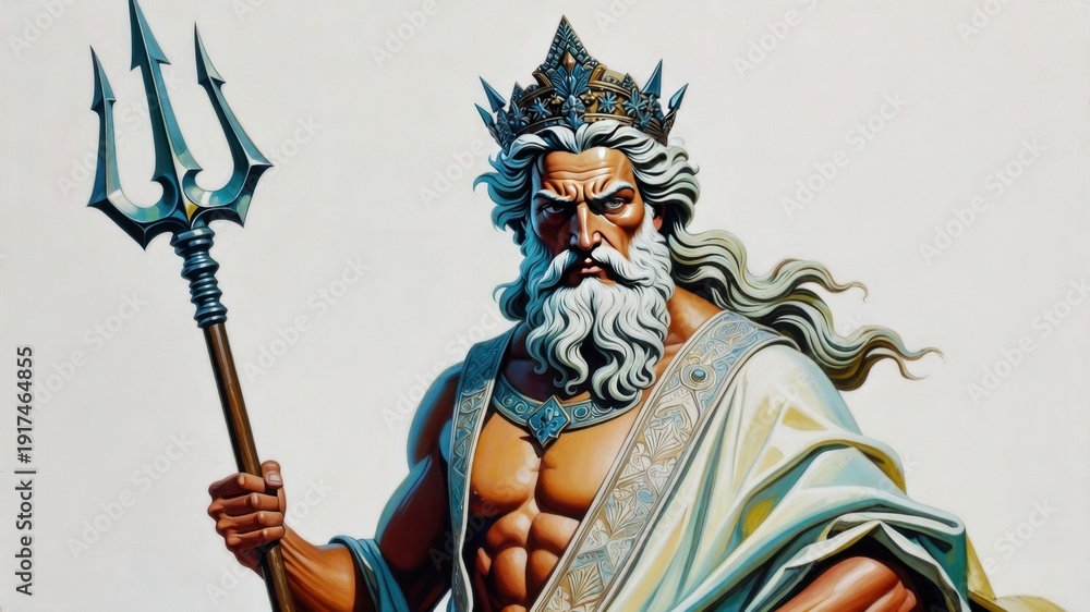 Obraz premium Mythical poseidon illustration with trident and crown.