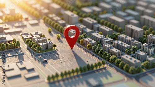 A red location marker on a miniature cityscape model with buildings and roads, soft focus.