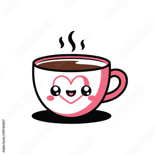 A cute cartoon illustration of a pink teacup with steaming coffee
