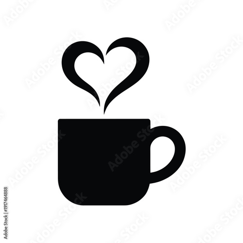 A steaming black coffee cup shaped like a heart simple icon
