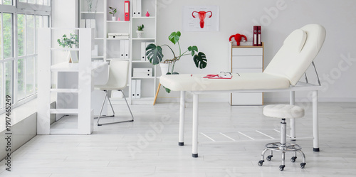 Interior of gynecologist's office with workplace, shelf unit and couch