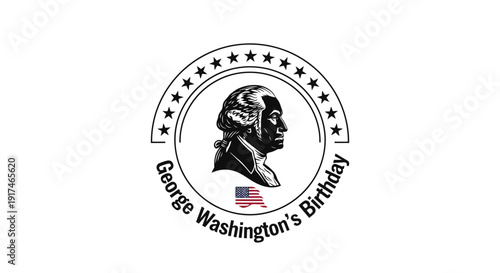 Illustration of George Washington's profile in a circular frame with stars and American flag, commemorating his birthday and federal holiday.