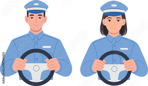 Male and Female Bus Driver Holding Steering Wheel – Professional Transportation Worker Vector Illustration