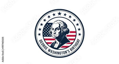 Illustration of George Washington's birthday icon with American flag and stars on a white background, symbolizing commemoration of the first US president.
