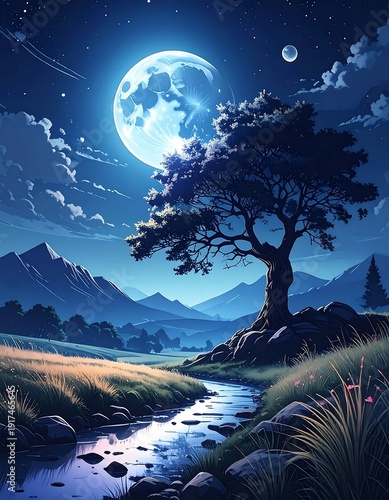 A river reflecting moonlight under a sky filled with stars near a field, trees and mountains