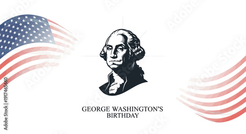 Illustration of George Washington's portrait with American flag waves on George Washington's Birthday, a federal holiday commemorating the first president of the USA.
