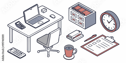 A cluttered desk with various office supplies and equipment.