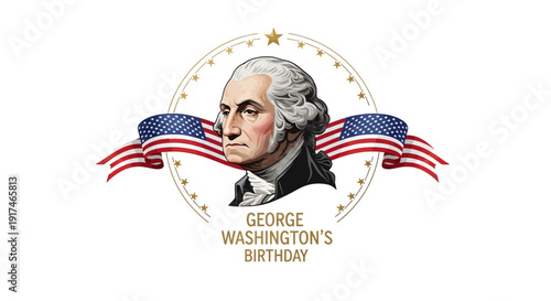 Illustration of George Washington's portrait with American flags and stars, commemorating his birthday and presidency in a patriotic design.