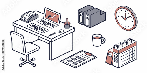 A busy office desk with various items and a calendar on the wall.