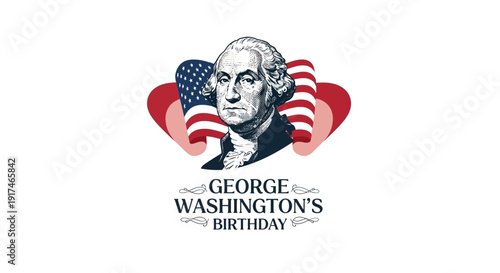 Vector illustration of George Washington's birthday icon, featuring his portrait with American flag and heart on a white background, commemorating the first president's day.