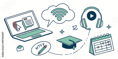 Diverse icons representing various aspects of online learning and remote work.