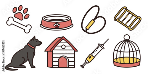 A collection of items related to pet care and ownership, including a dog, food, a house, and medical supplies