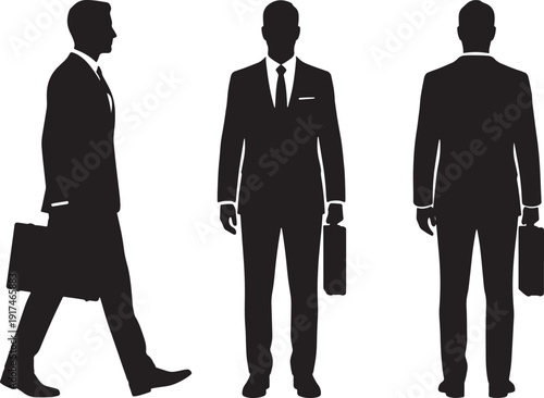 Businessman Silhouette Set with Briefcase – Front Side Back View Vector