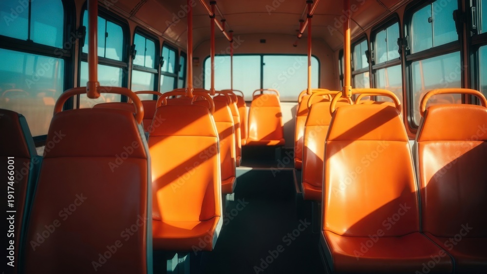 Fototapeta premium Empty bus interior with bright orange seats and sunlight streaming through windows.