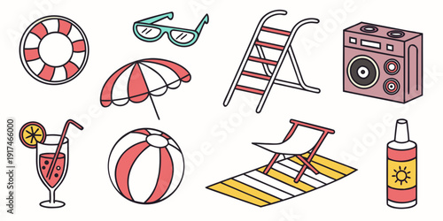 Assorted summer items including a beach ball, umbrella, and radio