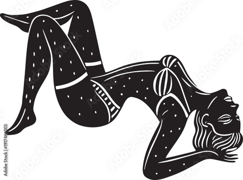 Black and white graphic illustration of a woman in a reclining pose with dotted pattern vector