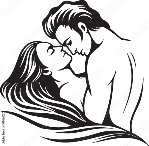 Black and white graphic illustration of a couple embracing intimately with closed eyes love romance