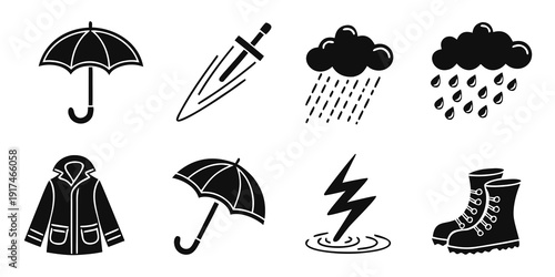Assorted weather icons featuring rain, lightning, and winter gear