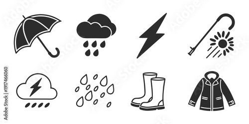 Weather icons showing rain, snow, thunder, and cold weather gear