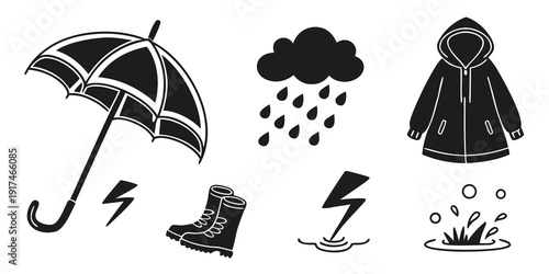 Illustrations of various weather conditions and appropriate clothing and gear