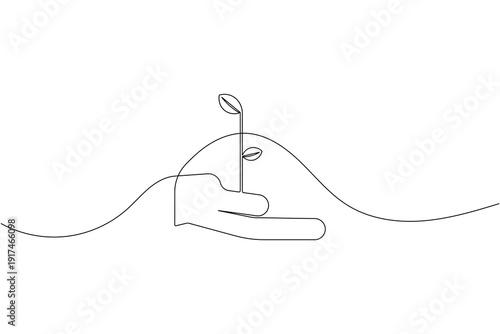 Hand holding plant icon continuous one line drawing on white background minimalist growth care nature sustainability symbol outline vector illustration