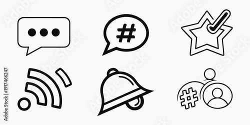 A collection of six distinct icons representing various communication and technology symbols.