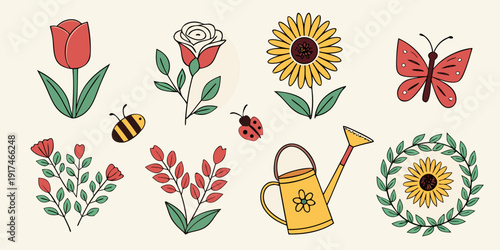 A vibrant collection of colorful flowers and butterflies in a delightful arrangement.