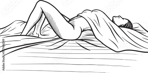 Black and white line art illustration of a woman lying on her back under a draped sheet vector
