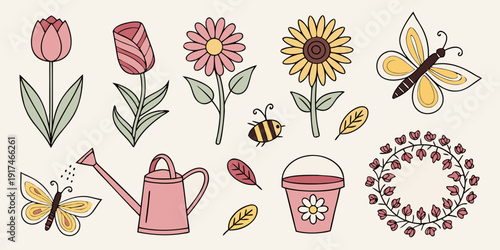 A delightful array of colorful flowers and gardening tools arranged in a charming pattern.