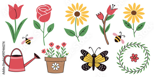 A vibrant and diverse collection of flowers and insects in a garden setting