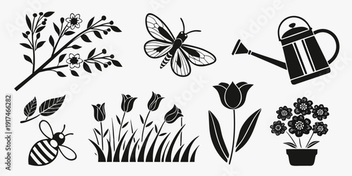 A delightful illustration showcasing various garden insects and plants in a charming black and white design