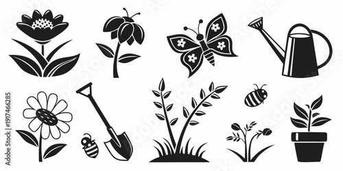 Assorted gardening tools and plants in a charming black and white illustration