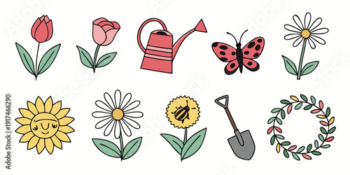A delightful collection of colorful flowers, butterflies, and gardening tools