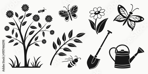 A delightful illustration of various plants and gardening tools in a charming black and white design.